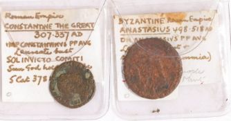 A bronze follis, Constantine the Great, 307-337AD, A Byzantine bronze follis, Anastasius, 491-518,