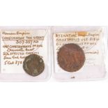 A bronze follis, Constantine the Great, 307-337AD, A Byzantine bronze follis, Anastasius, 491-518,