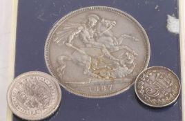 Victoria, Crown, 1887, cased, together with a Victoria threepence and sixpence, (3)