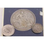 Victoria, Crown, 1887, cased, together with a Victoria threepence and sixpence, (3)