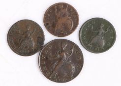 Charles II farthing, 1675, George II farthing, 1735, George III farthing, 1773, George II half