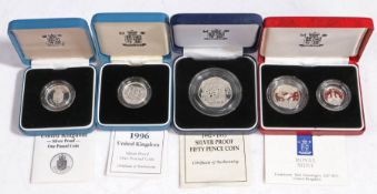 Four Royal Mint silver proof coins- 1988 £1, 1990 five pence two coin set, 1992-1993 fifty pence