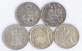 A collection of World coins, to include Peru 1868, 1893 and 1934 Un Soi, Dutch 2 Guilders 1931,