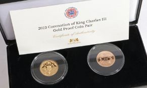 Harrington & Byrne 2023 coronation of King Charles III gold proof coin pair, consisting of sovereign