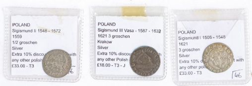 Poland, three groschen, Sigismund II 1559, three groschen, Sigismund III Vasa 1621, half groschen,