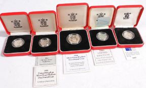 Royal Mint silver proof One Pound coins, 1993, 1994, 1995, 2000 together with a silver proof Two