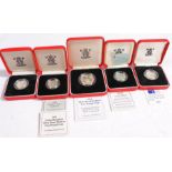 Royal Mint silver proof One Pound coins, 1993, 1994, 1995, 2000 together with a silver proof Two