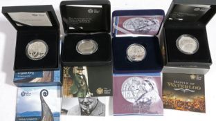 Proof silver coins, to include Battle of Waterloo 200th Anniversary £5, Viking Conqueror 2017 £5,