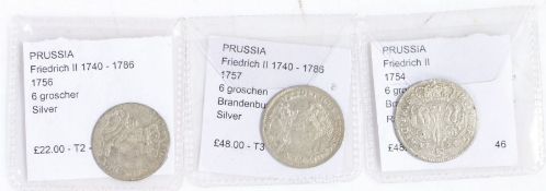 Prussia, three Friedrich II (1740-1786) six groscher, two 1754, 1756 (3) - VENDOR TO COLLECT