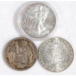 Three silver coins, USA One Dollar 2009, Marie Theresia re strike, France 1903, (3)