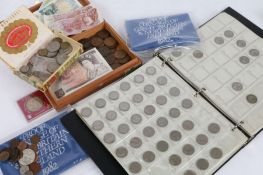 GB coins and some banknotes, to include some pre 1947, two 1982 proof coin sets, Collecta album