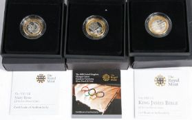 Three Royal Mint silver proof £2 coins, 2008 Olympic Games Handover Ceremony, 2011 King James Bible,