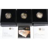 Three Royal Mint silver proof £2 coins, 2008 Olympic Games Handover Ceremony, 2011 King James Bible,