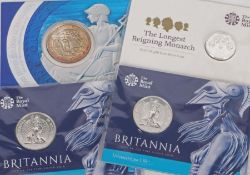 Royal Mint silver uncirculated coins- 2005 silver bullion £2 Britannia, 2015 the longest reigning