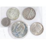 USA, to include a commemorative silver Dollar 1976, three Half Dollars and a Five Cent piece, (5)