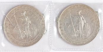 British Trade One Dollar, Hong Kong, 1899 and 1911, both ex mount, (2)