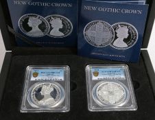 Two Queen Elizabeth II Alderney 2021 silver proof 'New Gothic Crown' coins, in PCGS capsules, cased