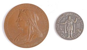 A bronze medallion commemorating Queen Victoria's diamond jubilee 1897, A silver Iceland five Kronur