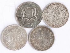France five Francs 1837, France five francs 1867, Belgium five francs 1870, Somalia 25 shillings