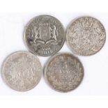 France five Francs 1837, France five francs 1867, Belgium five francs 1870, Somalia 25 shillings