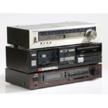 JVC A-K100 stereo integrated amplifier, Hitachi D-E12 stere cassette tape deck, Toshiba ST-225