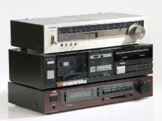 JVC A-K100 stereo integrated amplifier, Hitachi D-E12 stere cassette tape deck, Toshiba ST-225