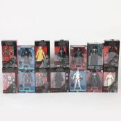 A collection of 14 boxed Star Wars action figures. The Black series - Darth Vader, #2 Darth Vader,