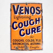 Venos Lightning Cough Cure enamel advertising sign, "for coughs, colds, 'flu, bronchitis, asthma &