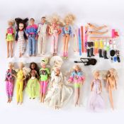 A box of assorted Barbie figures and clothing/ accessories.