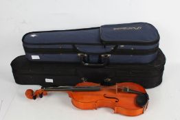 Three cased violins with bows. Skylark Brand MV007, Primavera 1/2 (poor condition), and one other (