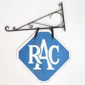 A vintage RAC blue and white double sided enamel sign, measuring 56cm x 54cm without bracket.