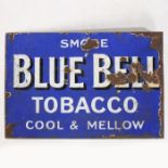 Blue Bell Tobacco double sided enamel advertising sign, with wall flange. "Smoke Blue Bell Tobacco