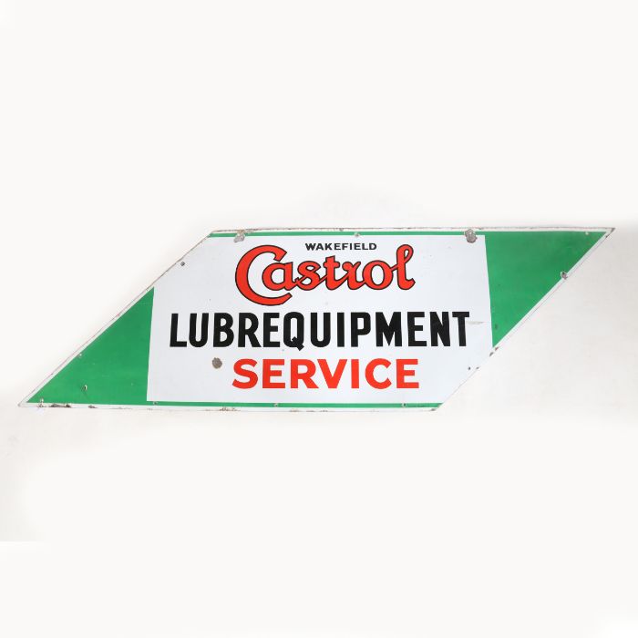 A Wakefield Castrol Lubrequipment Service shaped, single sided enamel sign, marked Brutton,