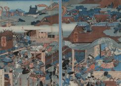 Japanese woodblock print, diptych, Samurai raid, 49cm x 35cm