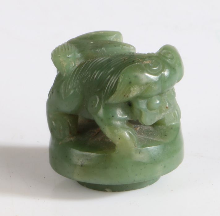 Chinese jade dog of foo, Qing Dynasty, Kuang Hsu, (1875 - 1908) carved in a standing position, a rim - Image 2 of 2