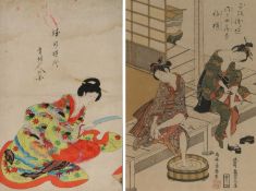 Japanese woodblock print, lady reading, together with two ladies bathing, (2)