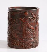 Chinese bamboo brush pot, carved with figural scenes, 16.5cm high, 14.5cm wide