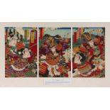 Utagawa Kunisada III (1848–1920) triptych, woodblock print, Swordfight, 69cm x 34cm mounted