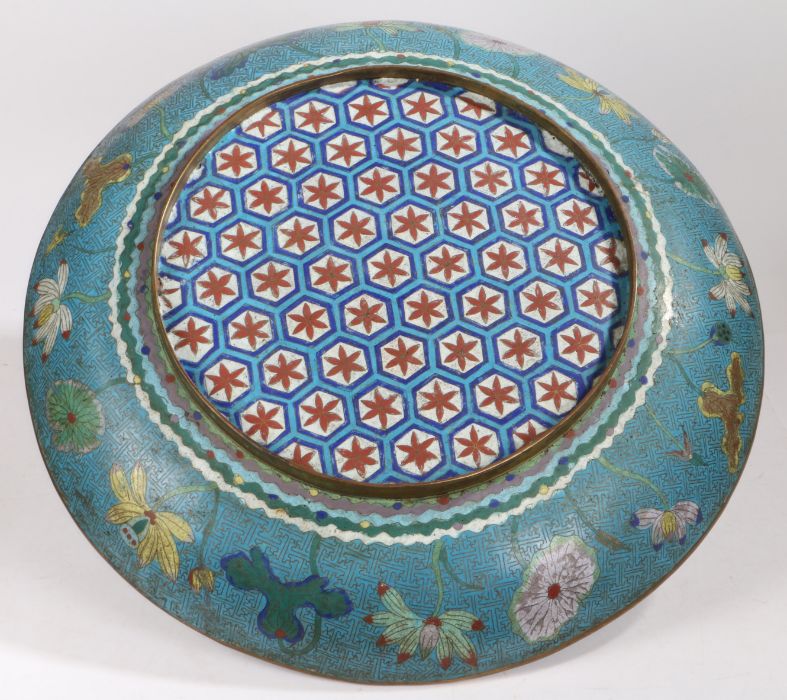 A large Chinese cloisonné charger/dish, decorated with a blue ground and multiple colourful fish a - Image 3 of 3