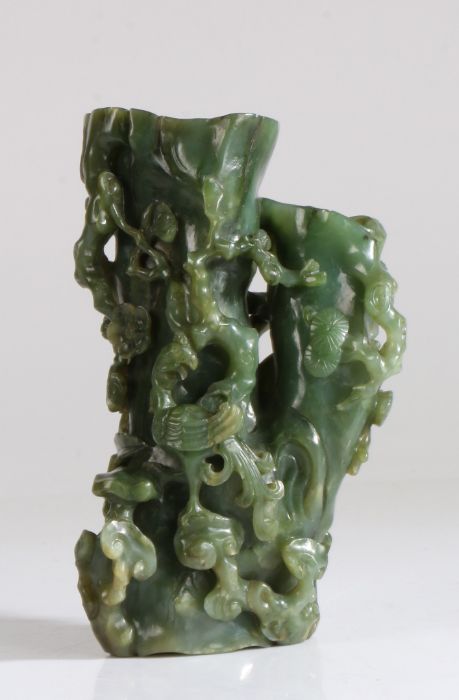 A Chinese spinach jade tree trunk double vase, Qing Dynasty, 18th Century, carved naturalistically - Image 2 of 2