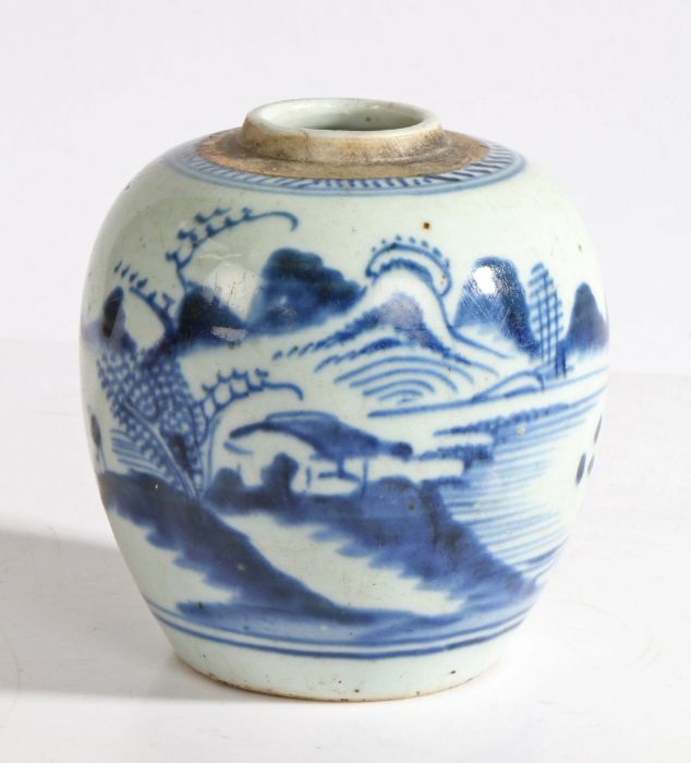 A Chinese porcelain ginger jar, with figure and building in a rocky bay by water, 11cm high