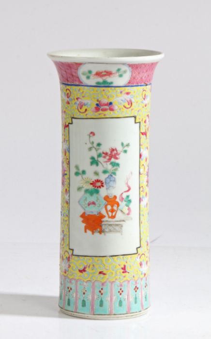 A Chinese famille rose cylindrical vase, the central panels painted with flower filled vases - Image 7 of 9