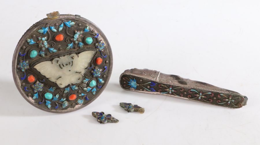 A Chinese jade, enamel and turquoise set hand mirror, the back of the mirror set with a jade - Image 2 of 2