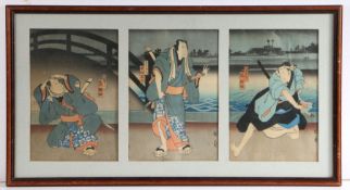 After  Kunikazu Utagawa (1830-1910) woodblock print, Kabuki Actors, 60cm x 32cm including the frame