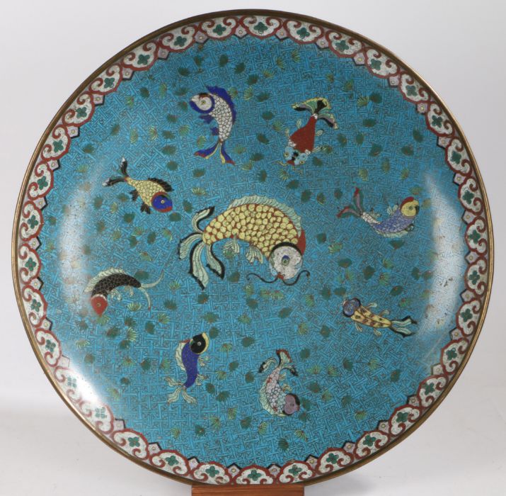 A large Chinese cloisonné charger/dish, decorated with a blue ground and multiple colourful fish a - Image 2 of 3