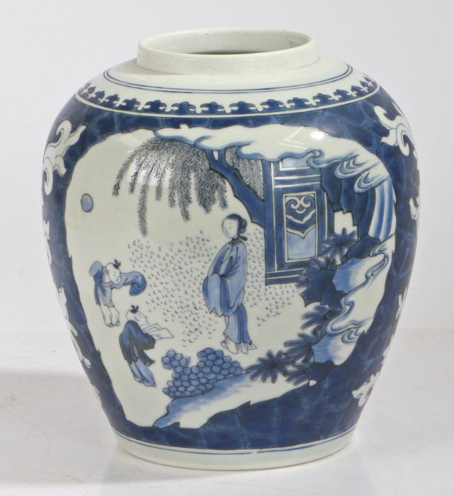 A Chinese porcelain ginger jar, of large size, decorated with a figural scene by a building and