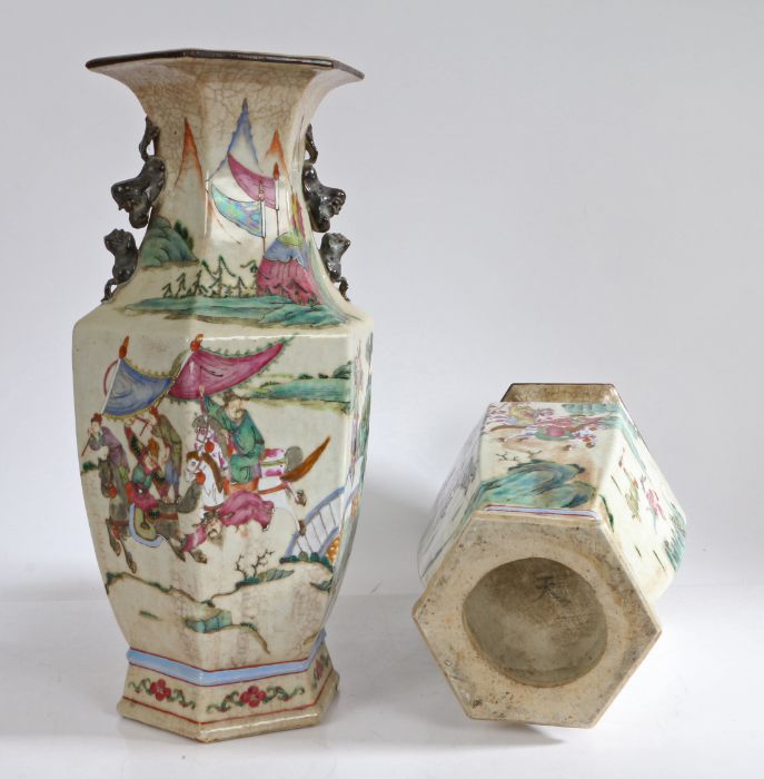 Pair of Chinese familie rose porcelain vases, the flared lips above crackle glaze to the neck and - Image 2 of 4