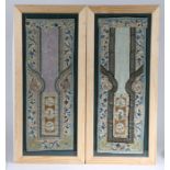 A pair of Chinese gilt and polychrome silk embroidered skirt panels, 19th century. Framed in a