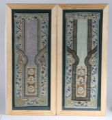 A pair of Chinese gilt and polychrome silk embroidered skirt panels, 19th century. Framed in a