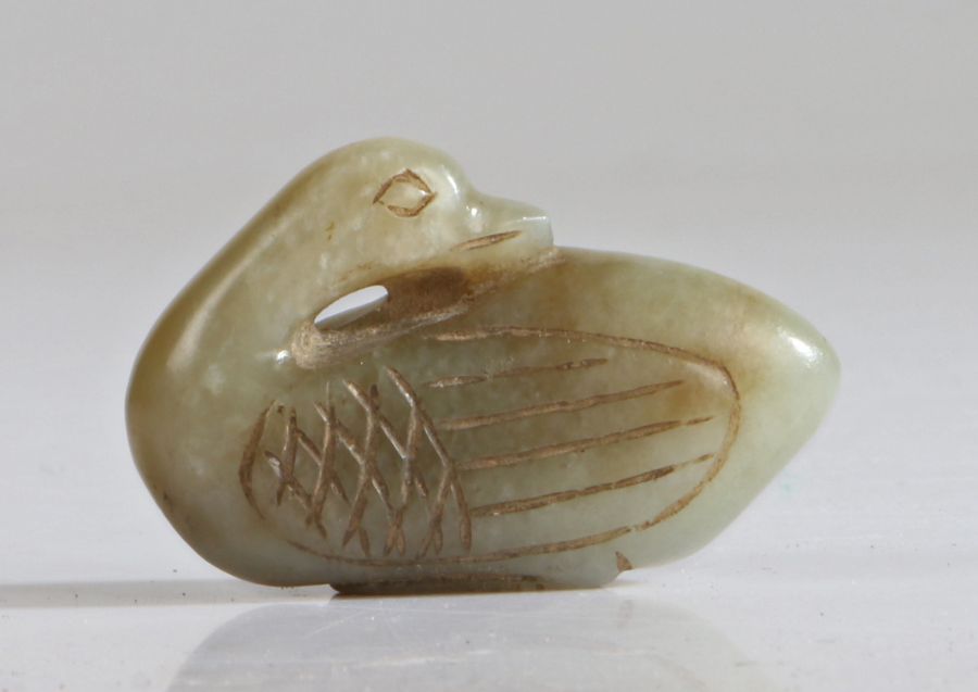 Chinese jade duck, Qing Dynasty, Kuang Hsu, (1875 - 1908) carved with the neck folded facing the